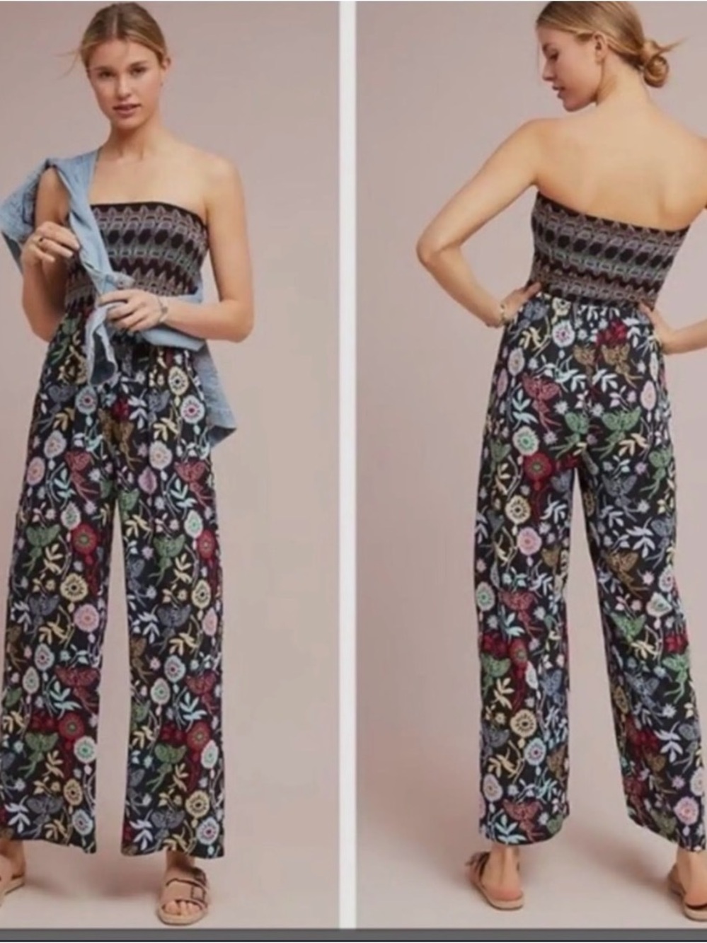 Strapless Floral Wide-Leg Jumpsuit in Black